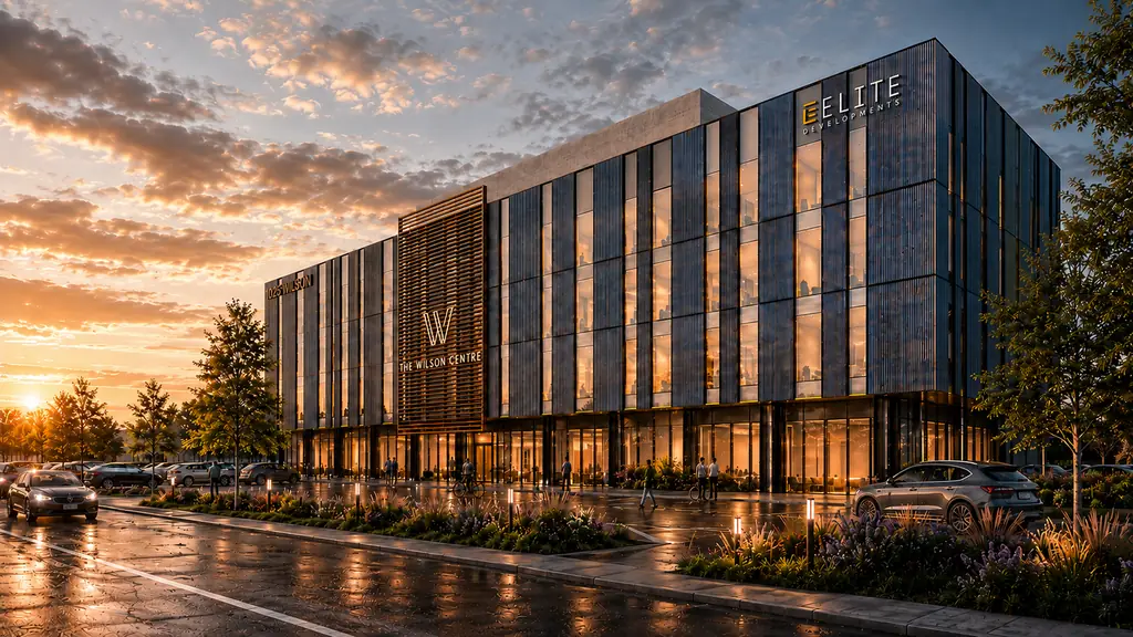 The Wilson Centre at sunset from the corner of the site
